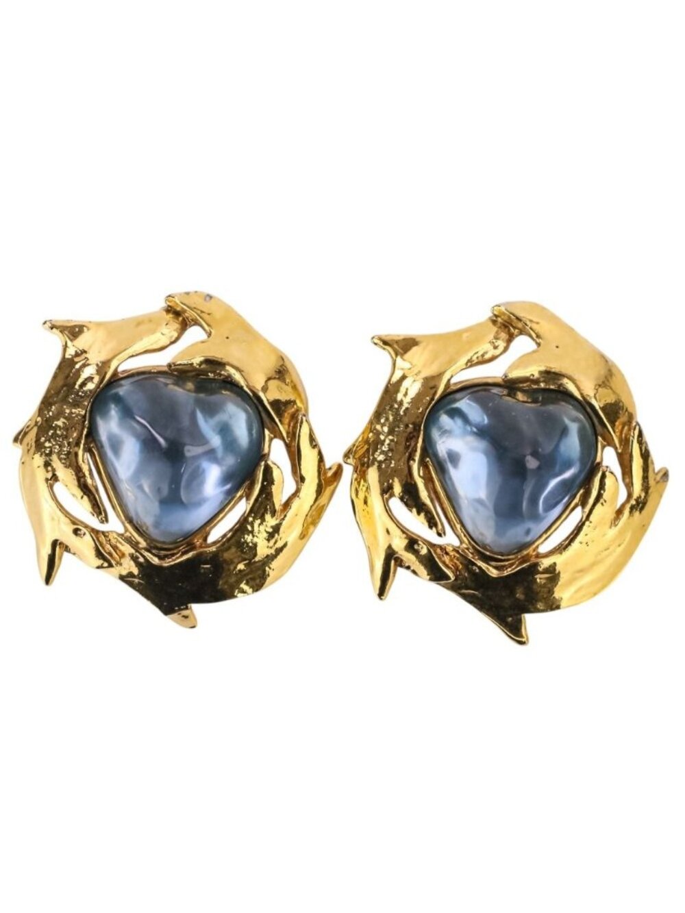 Saint Laurent Vintage Baroque Stone Large Earrings Gold Colored Blue